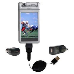 Gomadic Retractable USB Hot Sync Compact Kit with Car & Wall Charger for the Sony Clie NR70 - Brand