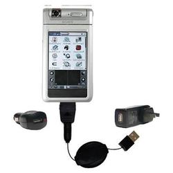 Gomadic Retractable USB Hot Sync Compact Kit with Car & Wall Charger for the Sony Clie NR70V - Brand