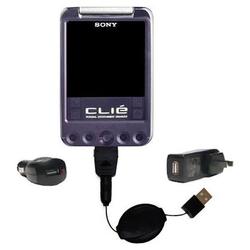 Gomadic Retractable USB Hot Sync Compact Kit with Car & Wall Charger for the Sony Clie SJ33 - Brand
