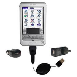 Gomadic Retractable USB Hot Sync Compact Kit with Car & Wall Charger for the Sony Clie T615 - Brand