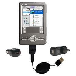 Gomadic Retractable USB Hot Sync Compact Kit with Car & Wall Charger for the Sony Clie TJ27 - Brand