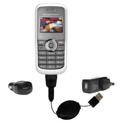 Gomadic Retractable USB Hot Sync Compact Kit with Car & Wall Charger for the Sony Ericsson J100c - B