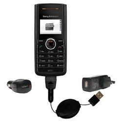 Gomadic Retractable USB Hot Sync Compact Kit with Car & Wall Charger for the Sony Ericsson J120c - B