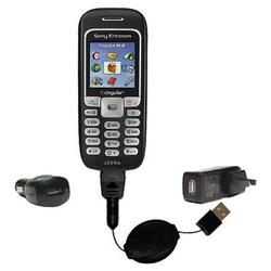 Gomadic Retractable USB Hot Sync Compact Kit with Car & Wall Charger for the Sony Ericsson J220a - B