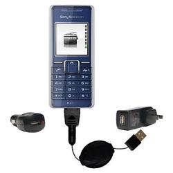 Gomadic Retractable USB Hot Sync Compact Kit with Car & Wall Charger for the Sony Ericsson K220c - B