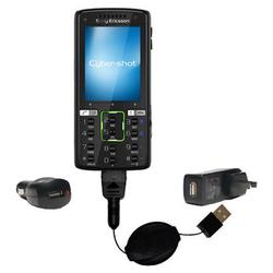 Gomadic Retractable USB Hot Sync Compact Kit with Car & Wall Charger for the Sony Ericsson K858c - B