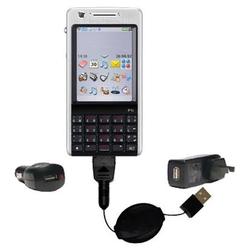 Gomadic Retractable USB Hot Sync Compact Kit with Car & Wall Charger for the Sony Ericsson P1i - Bra