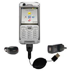Gomadic Retractable USB Hot Sync Compact Kit with Car & Wall Charger for the Sony Ericsson P990c - B