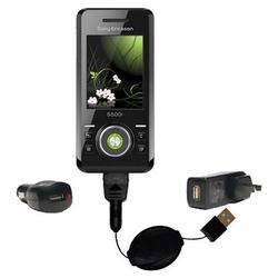 Gomadic Retractable USB Hot Sync Compact Kit with Car & Wall Charger for the Sony Ericsson S500c - B