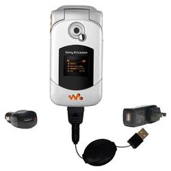 Gomadic Retractable USB Hot Sync Compact Kit with Car & Wall Charger for the Sony Ericsson W300i - B