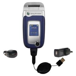 Gomadic Retractable USB Hot Sync Compact Kit with Car & Wall Charger for the Sony Ericsson Z525a - B