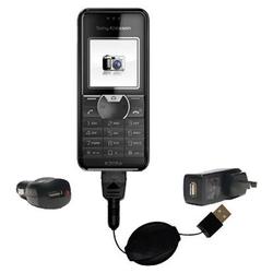 Gomadic Retractable USB Hot Sync Compact Kit with Car & Wall Charger for the Sony Ericsson k205a - B