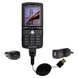 Gomadic Retractable USB Hot Sync Compact Kit with Car & Wall Charger for the Sony Ericsson k750c - B