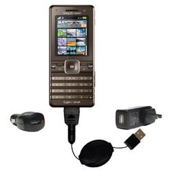 Gomadic Retractable USB Hot Sync Compact Kit with Car & Wall Charger for the Sony Ericsson k770i - B