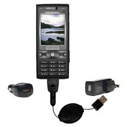 Gomadic Retractable USB Hot Sync Compact Kit with Car & Wall Charger for the Sony Ericsson k800i - B