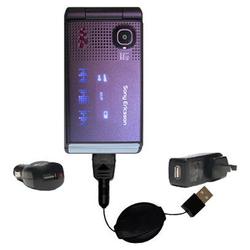 Gomadic Retractable USB Hot Sync Compact Kit with Car & Wall Charger for the Sony Ericsson w380a - B