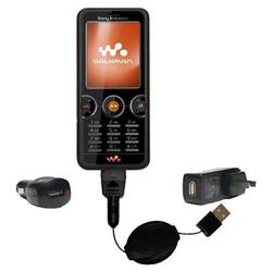 Gomadic Retractable USB Hot Sync Compact Kit with Car & Wall Charger for the Sony Ericsson w610i - B