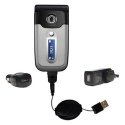 Gomadic Retractable USB Hot Sync Compact Kit with Car & Wall Charger for the Sony Ericsson z550a - B
