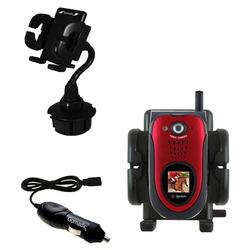Gomadic Sanyo MM-7400 Auto Cup Holder with Car Charger - Uses TipExchange