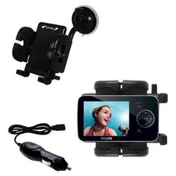 Gomadic Philips GoGear SA5225BT Flexible Auto Windshield Holder with Car Charger - Uses TipExchange
