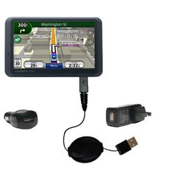 Gomadic Retractable USB Hot Sync Compact Kit with Car & Wall Charger for the Garmin Nuvi 765T - Bran