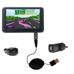 Gomadic Retractable USB Hot Sync Compact Kit with Car & Wall Charger for the Garmin Nuvi 785T - Bran