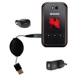 Gomadic Retractable USB Hot Sync Compact Kit with Car & Wall Charger for the Kyocera E2000 Tempo - B