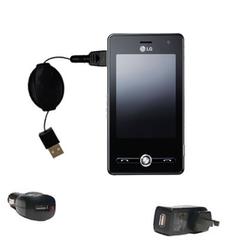 Gomadic Retractable USB Hot Sync Compact Kit with Car & Wall Charger for the LG KS20 - Brand w/ TipE