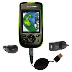 Gomadic Retractable USB Hot Sync Compact Kit with Car & Wall Charger for the Sonocaddie v300 GPS - B