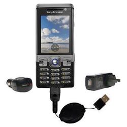 Gomadic Retractable USB Hot Sync Compact Kit with Car & Wall Charger for the Sony Ericsson C702 - Br
