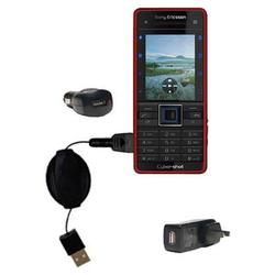 Gomadic Retractable USB Hot Sync Compact Kit with Car & Wall Charger for the Sony Ericsson C902 - Br