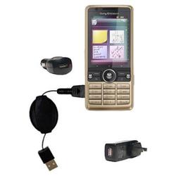 Gomadic Retractable USB Hot Sync Compact Kit with Car & Wall Charger for the Sony Ericsson G700 - Br