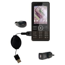 Gomadic Retractable USB Hot Sync Compact Kit with Car & Wall Charger for the Sony Ericsson G900 - Br
