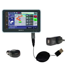 Gomadic Retractable USB Hot Sync Compact Kit with Car & Wall Charger for the Sony Nav-U NV-U82 - Bra