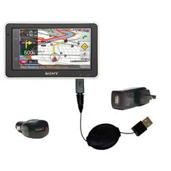 Gomadic Retractable USB Hot Sync Compact Kit with Car & Wall Charger for the Sony Nav-U NV-U83T - Br