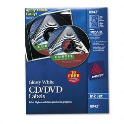 Avery-Dennison CD Labels, Inkjet Glossy, 20PK, White (AVE08942)