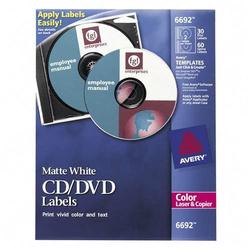 Avery-Dennison Avery Dennison CD/DVD Label(s) - 4.62 Diameter - Permanent - 30 / Pack - White (6692)