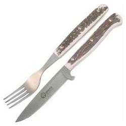 Boker Fork And Knife Set, Stag Handle, Leather Sheath