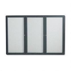 Quartet Manufacturing. Co. Gray Fabric/Cork Bulletin Board, 3 Acrylic Doors, Graphite Frame, 72w x 48h (QRT2367L)