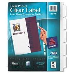 Avery-Dennison Index Maker® 3-Hole Punched Poly-View Pocket Dividers, 5-Tab Set (AVE75500)