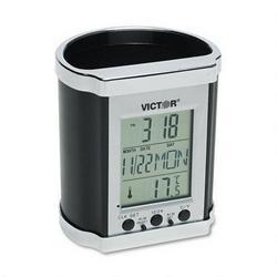 Victor Pencil Holder with LCD Display, Black/Chrome with Pewter Face