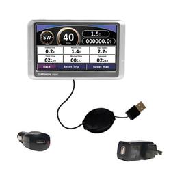 Gomadic Retractable USB Hot Sync Compact Kit with Car & Wall Charger for the Garmin Nuvi 200W - Bran