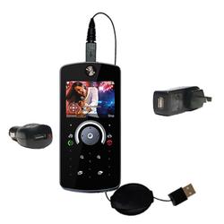 Gomadic Retractable USB Hot Sync Compact Kit with Car & Wall Charger for the Motorola ROKR E8 - Bran