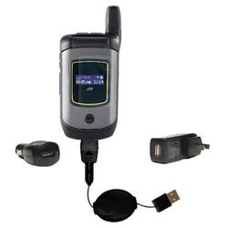 Gomadic Retractable USB Hot Sync Compact Kit with Car & Wall Charger for the Motorola i570 - Brand w
