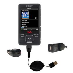 Gomadic Retractable USB Hot Sync Compact Kit with Car & Wall Charger for the Sony Walkman NWZ-729 - Gomadic