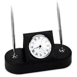 Buddy Products Roma Split-Grain Leather Desk Clock/Double Pen Stand, Black (BDY923126)