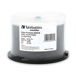VERBATIM CORPORATION Verbatim DVD-R 4.7GB 16X DataLifePlus, White Inkjet Printable, Hub Printable 50pk Spindle