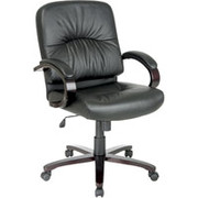 Office Star 5300 Series Mid-Back Black Leather Executive Chair with Mahogany Wood Finish