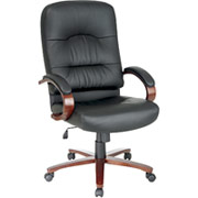 Office Star 5600 Series High Back Leather Executive Chair, Black Leather with Cherry Wood Finish
