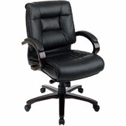 Office Star Executive Mid-Back Leather Chairs, Black with Mahogany Wood Finish